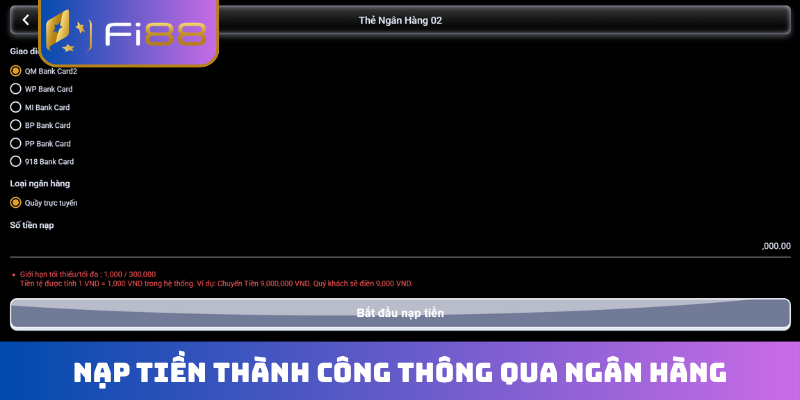 Nạp tiền thành công thông qua ngân hàng